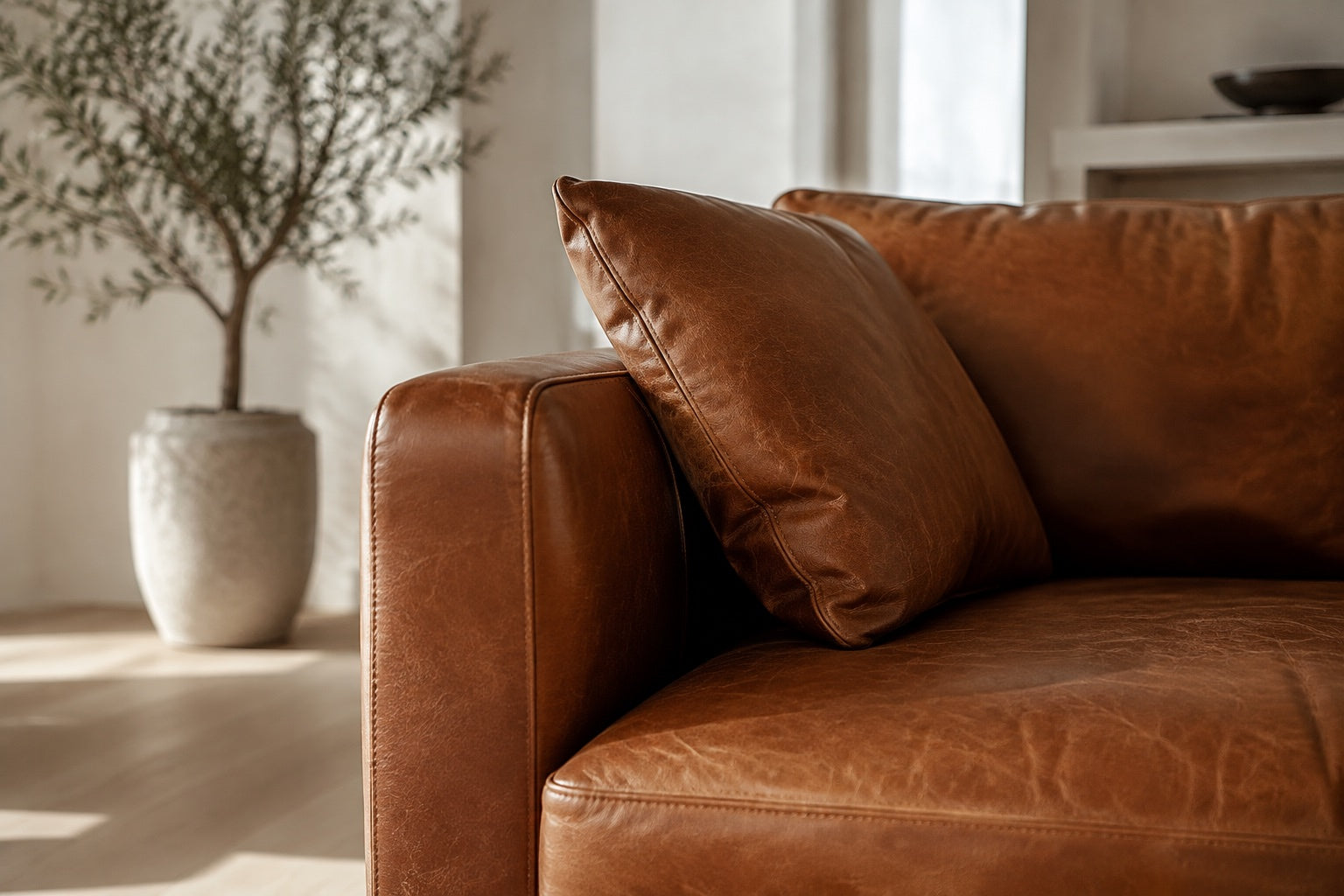 Cognac leather sofa in a sunlit home